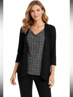 Rafaella Black & White Faux Layered 3/4 Sleeve Work Top — Size M